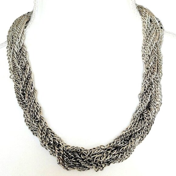 Chico's Multi-Strand Braided Chain Necklace Silver Tone 22" Chunky Weighty VGC - Picture 1 of 6